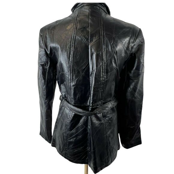 Vintage Navarre Genuine Leather Patchwork Black Belted Trench‎ Coat Womens Med - Picture 6 of 6